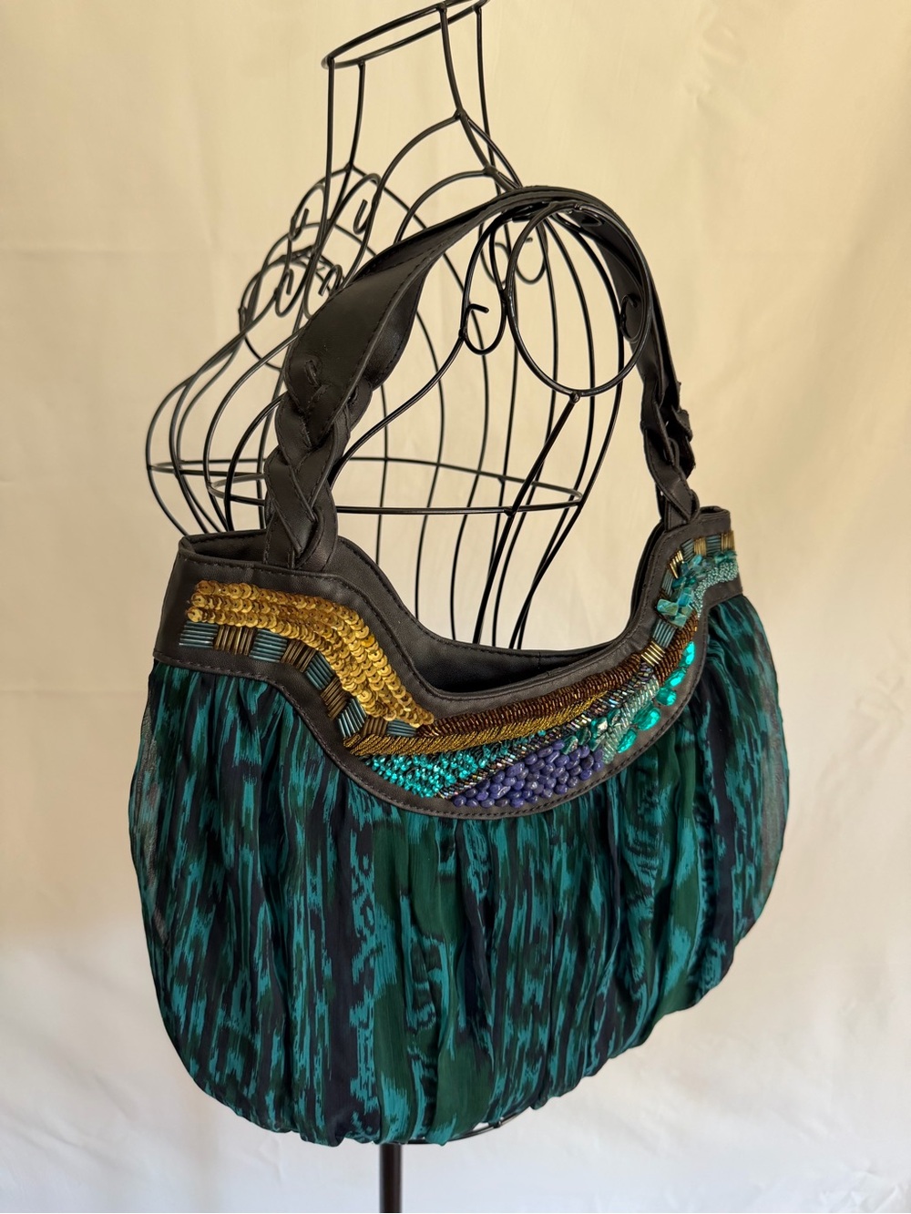 Chico’s Boho Teal & Black Embellished Hobo Shoulder Bag